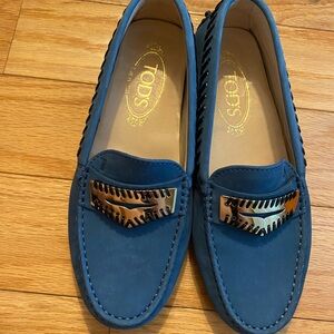 Tod's Navy Suede Loafers with silver Bit Detail
